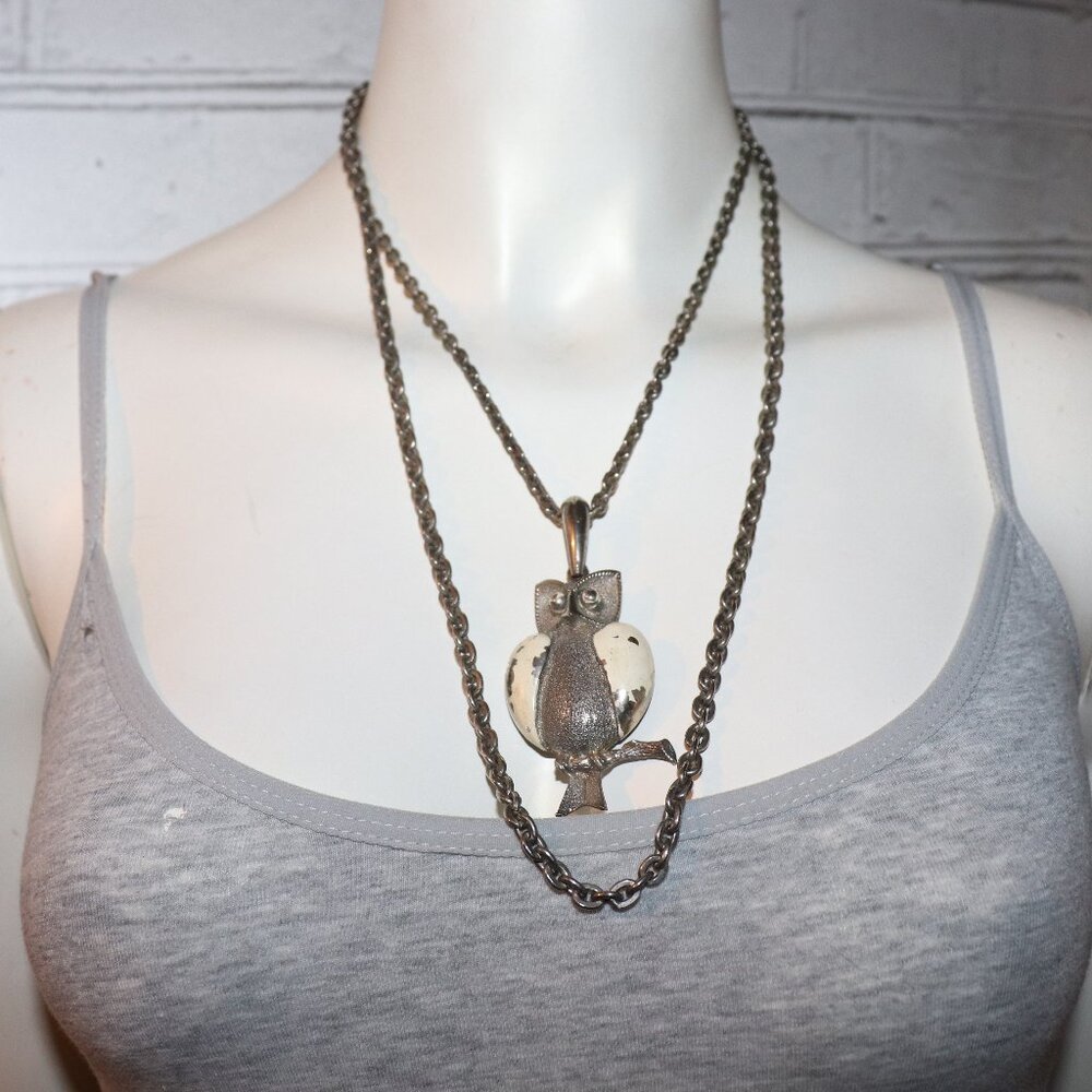 Vintage silver and cream double strand owl necklace 18"